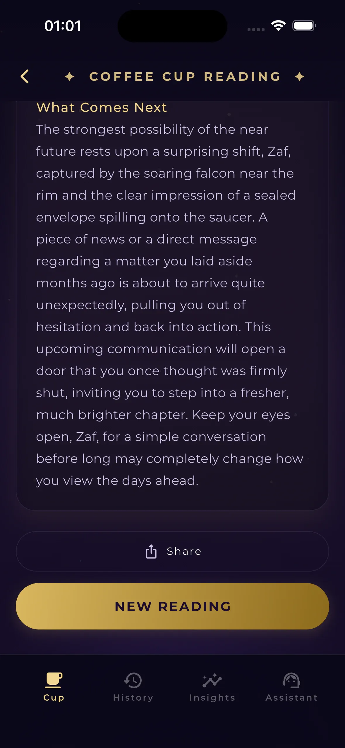 Luvris Coffee reading detailed AI interpretation screen
