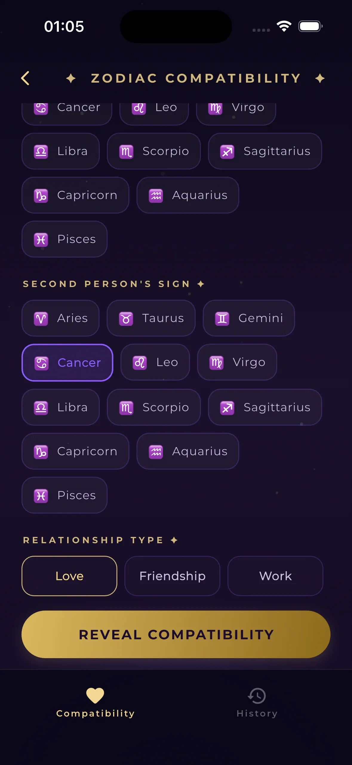 Luvris Zodiac Match — Two signs, one question: love, friendship, or work?